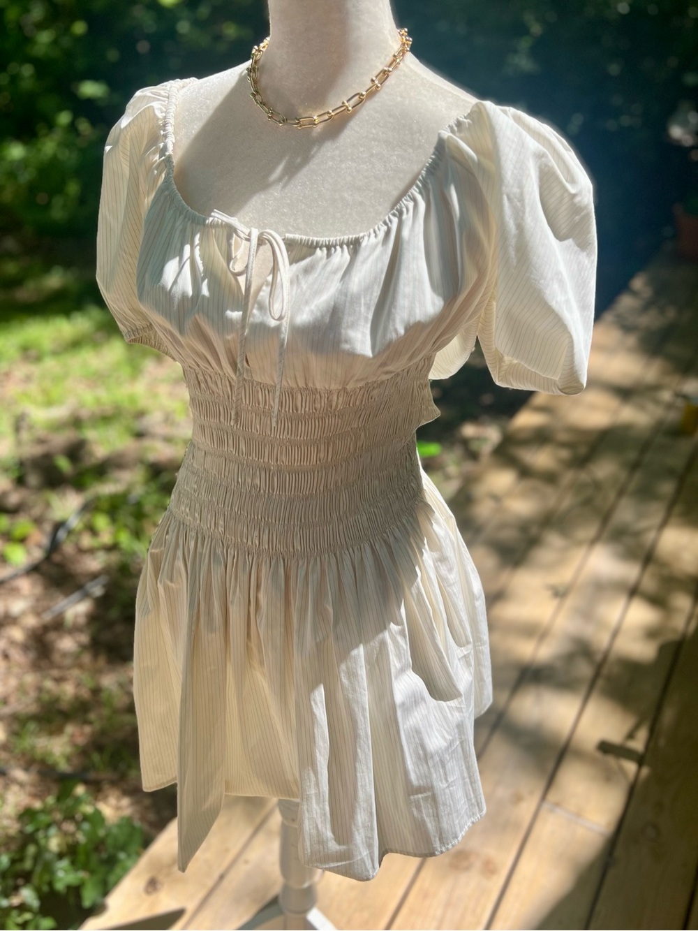 Faithfull the Brand Cream Puff Sleeve Smocked Mini Dress